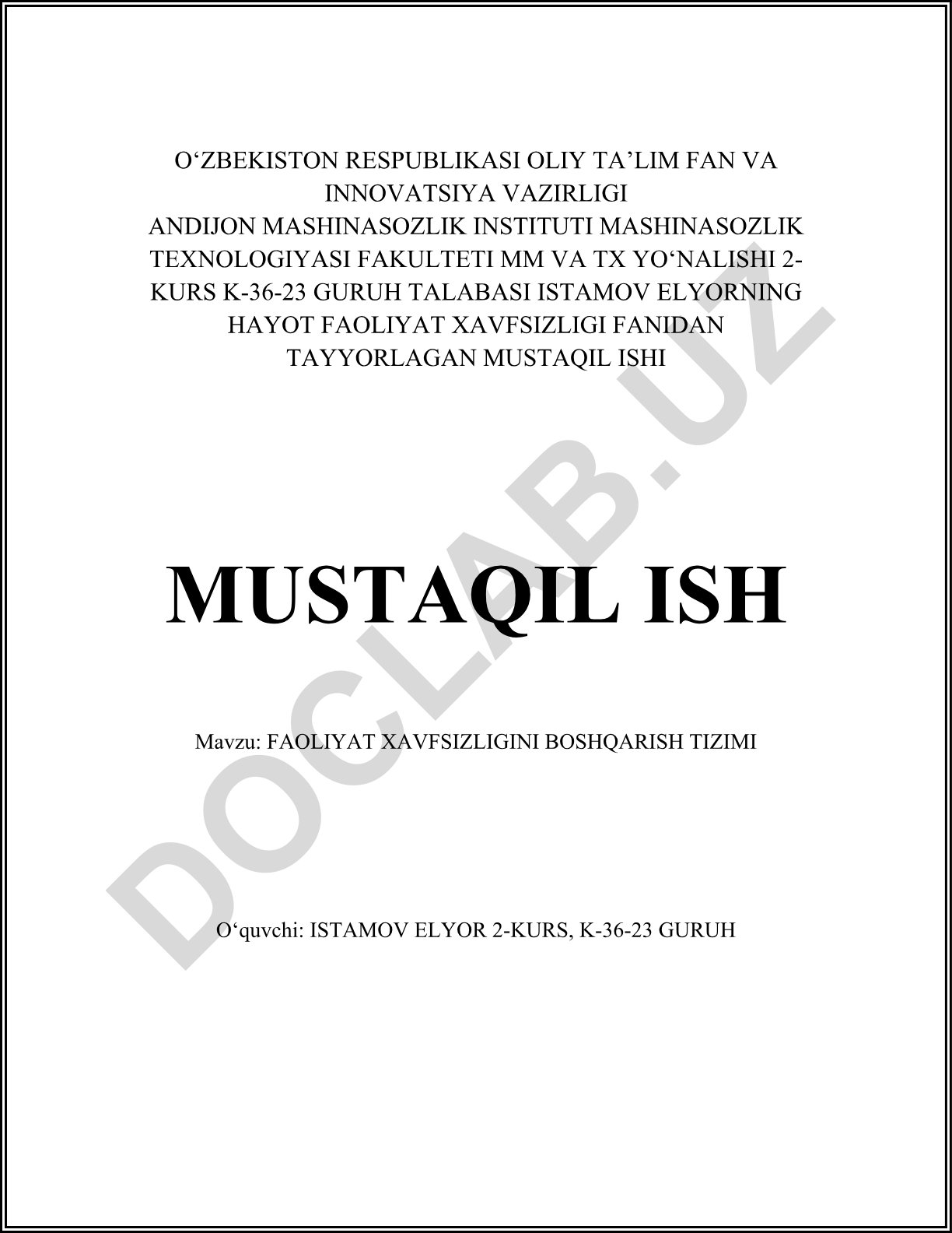 Faoliyat xavfsizligini boshqarish tizimi