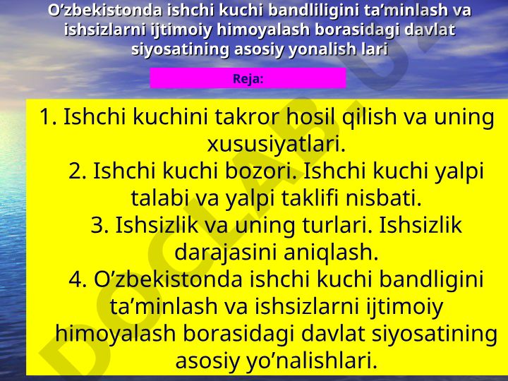 O'zbekistonda ishchi kuchi bandligi va ishsizlarni ijtimoiy himoyalash davlat siyosati