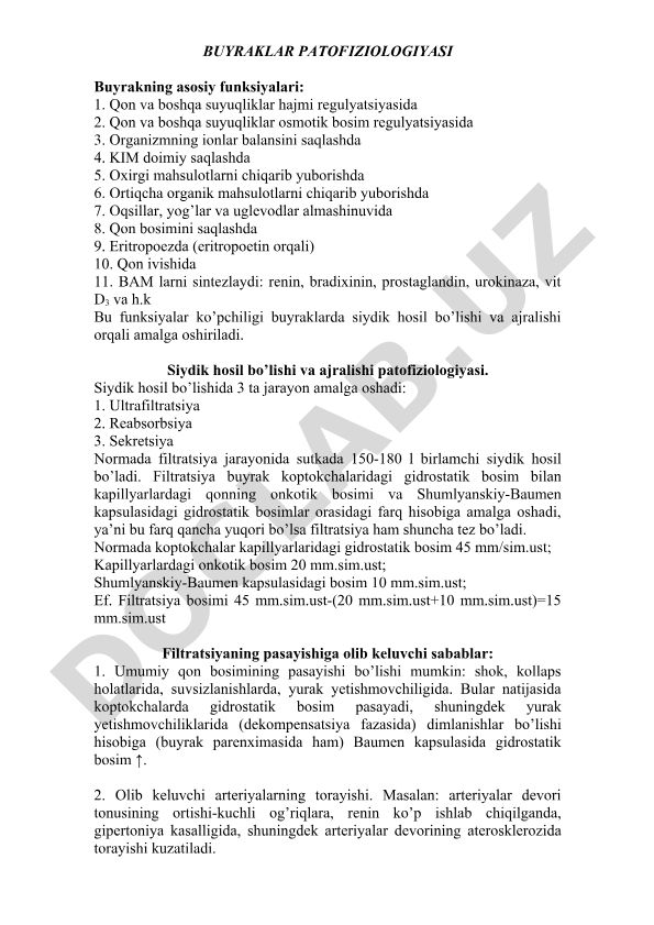 Buyraklarning asosiy funksiyalari va siydik hosil bo'lish jarayonlari