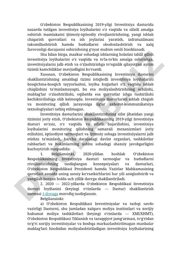 O‘zbekiston Respublikasining Investitsiya dasturi va loyihalarini amalga oshirish