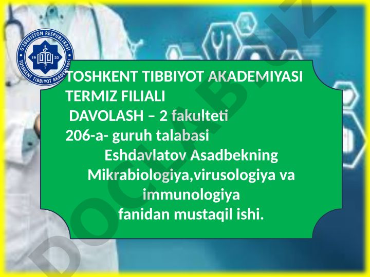Imunopatologiya, o‘sma hujayralarni kelib chiqishidagi ahamiyati va opportunistik infeksiyalar boshqarilishining molekulyar mehanizmi