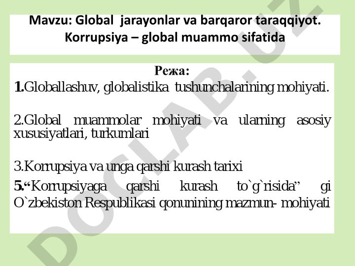 Global jarayonlar va barqaror taraqqiyot. Korrupsiya – global muammo sifatida