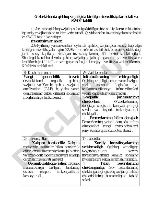 O‘zbekistonda qishloq xo‘jaligida kiritilgan investitsiyalar holati va SWOT tahlili