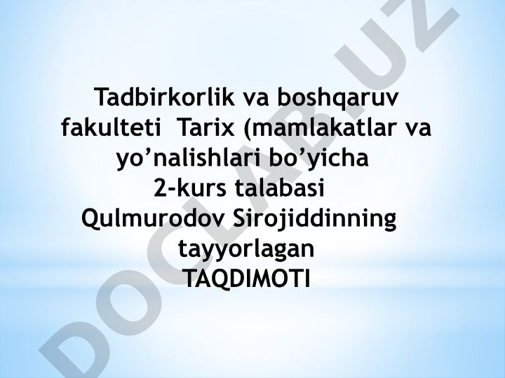 Tadbirkorlik va boshqaruv fakulteti Tarix (mamlakatlar va yo’nalishlari bo’yicha)