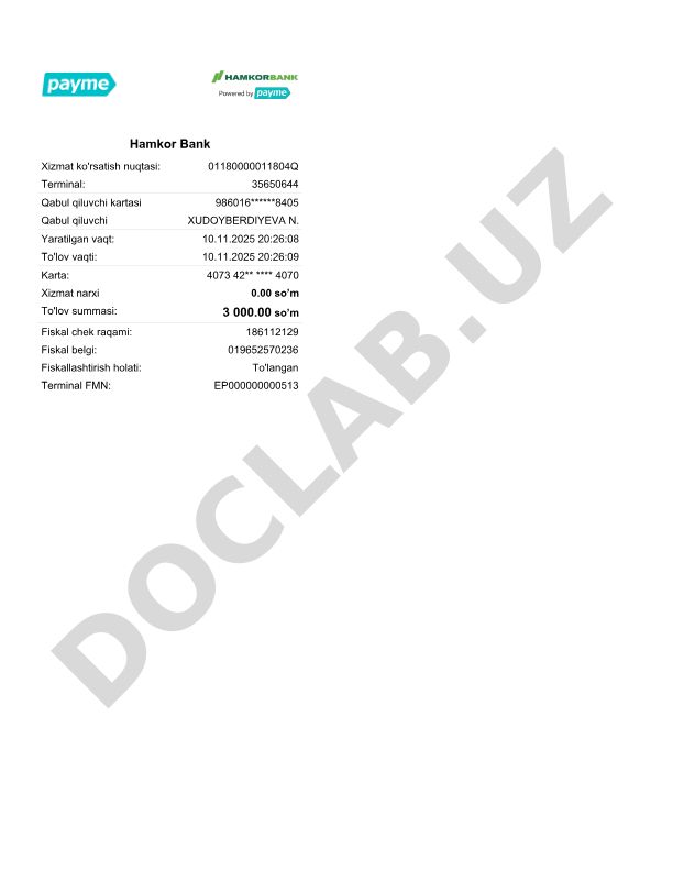 Hamkor Bank to'lov cheki