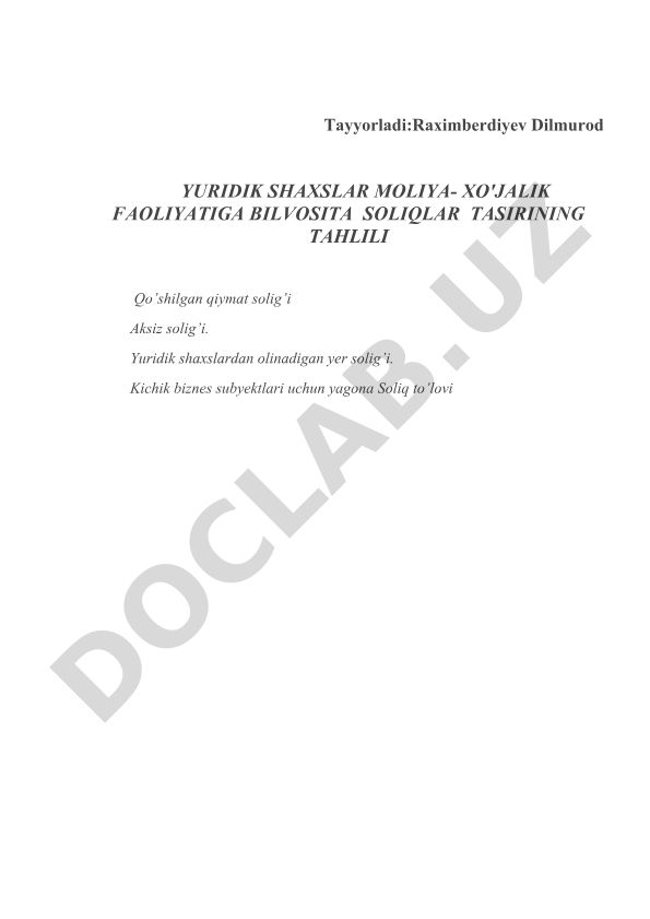 Yuridik shaxslar moliya-xo'jalik faoliyatiga bilvosita soliqlar ta'sirining tahlili