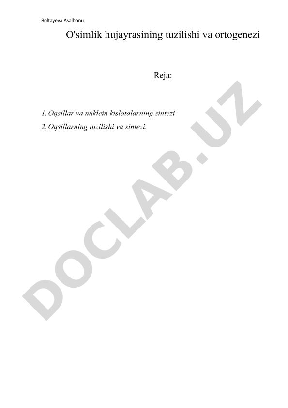O'simlik hujayrasining tuzilishi va ortogenezi