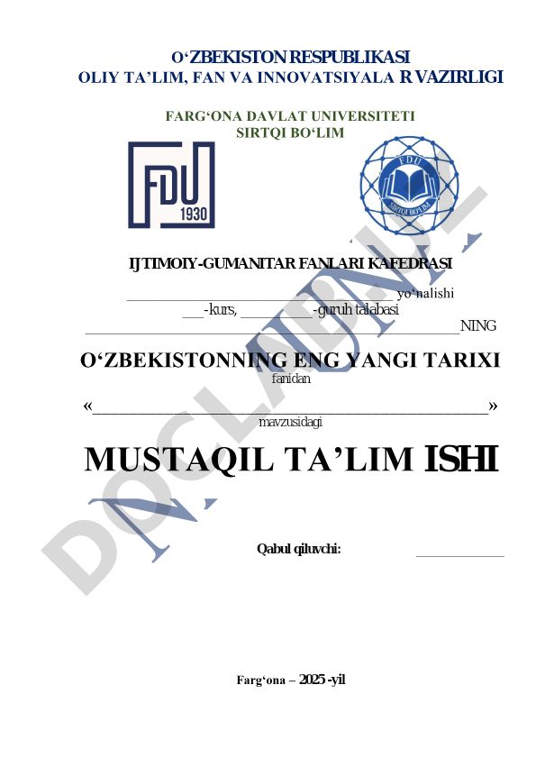 O‘zbekistonning eng yangi tarixi fanidan mustaqil ta’lim ishi