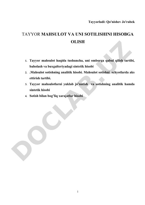 Tayyor mahsulot va uni sotilishini hisobga olish