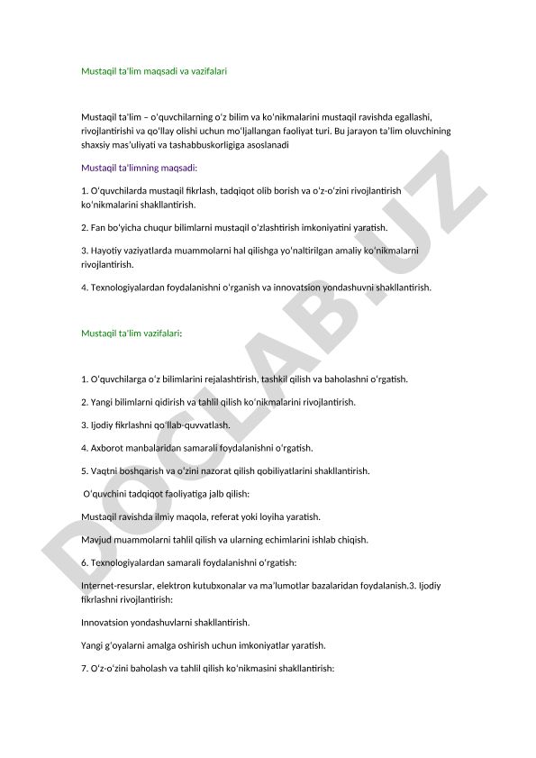 Mustaqil ta'lim maqsadi va vazifalari
