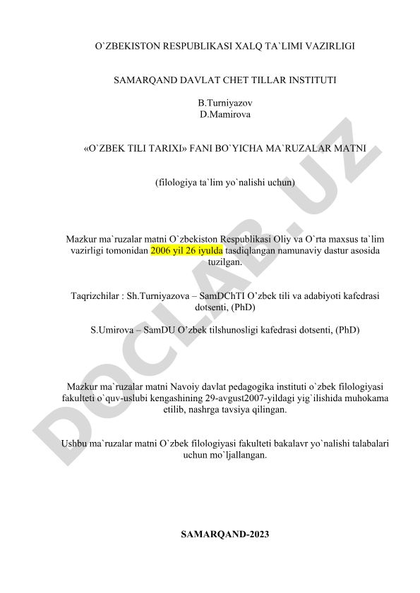 O'zbek tili tarixi fani manbalari va rivojlanish bosqichlari
