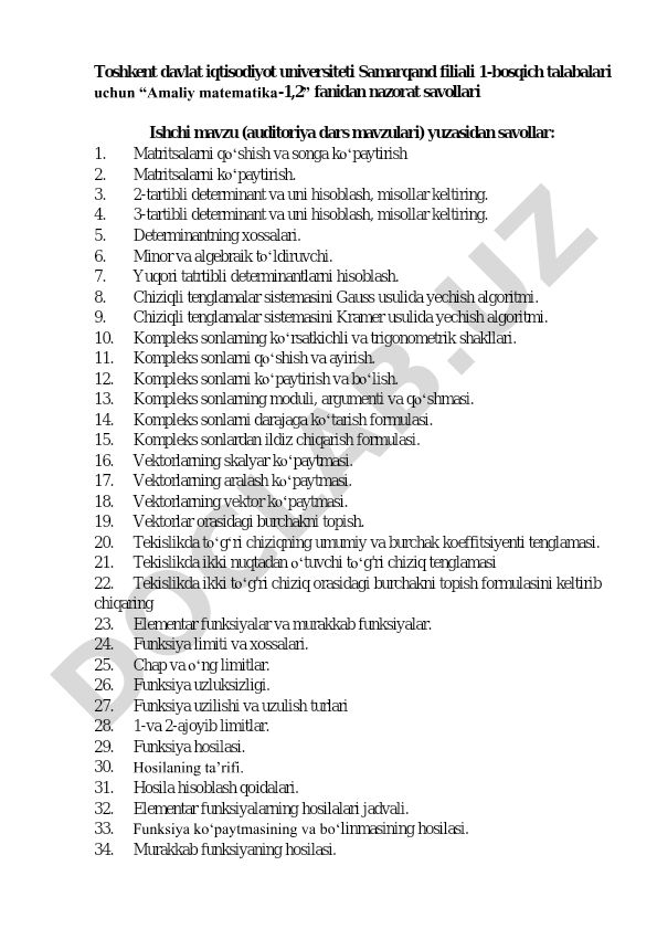 Amaliy matematika-1,2 fanidan nazorat savollari