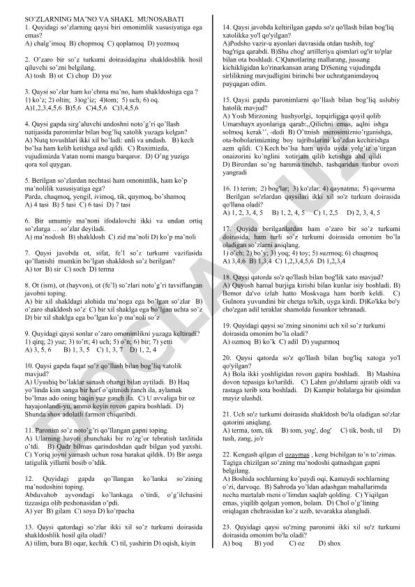 So'zlarning ma'no va shakl munosabati test savollari