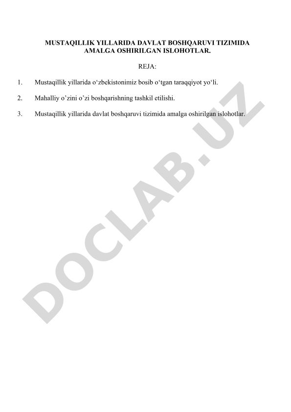 Mustaqillik yillarida davlat boshqaruvi tizimida amalga oshirilgan islohotlar