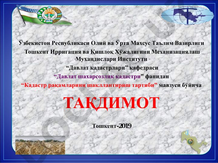 Ўзбекистон Республикаси ҳудудларини кадастр бўйича бўлиш хамда ер участкалари, бинолар ва иншоотларнинг кадастр рақамларини шакллантириш тартиби