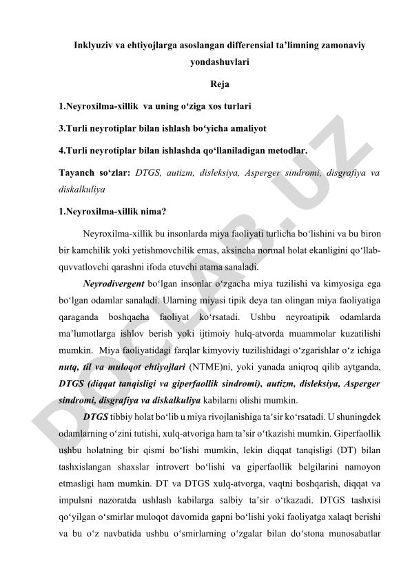 Neyroxilma-xillik va differensial ta'limning zamonaviy yondashuvlari