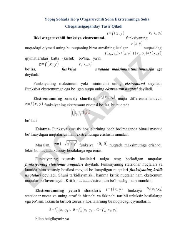 Ikki o'zgaruvchili funksiya ekstremumi va kritik nuqtalar