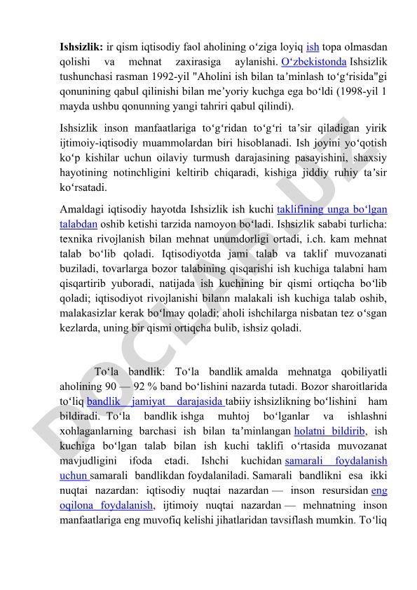 Ishsizlikning ijtimoiy-iqtisodiy muammolari va O'zbekistonda rivojlanishi