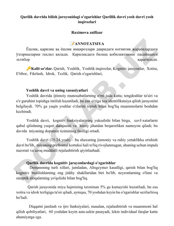 Qarilik davrida bilish jaroyonidagi o'zgarishlar va yoshlik inqirozlari