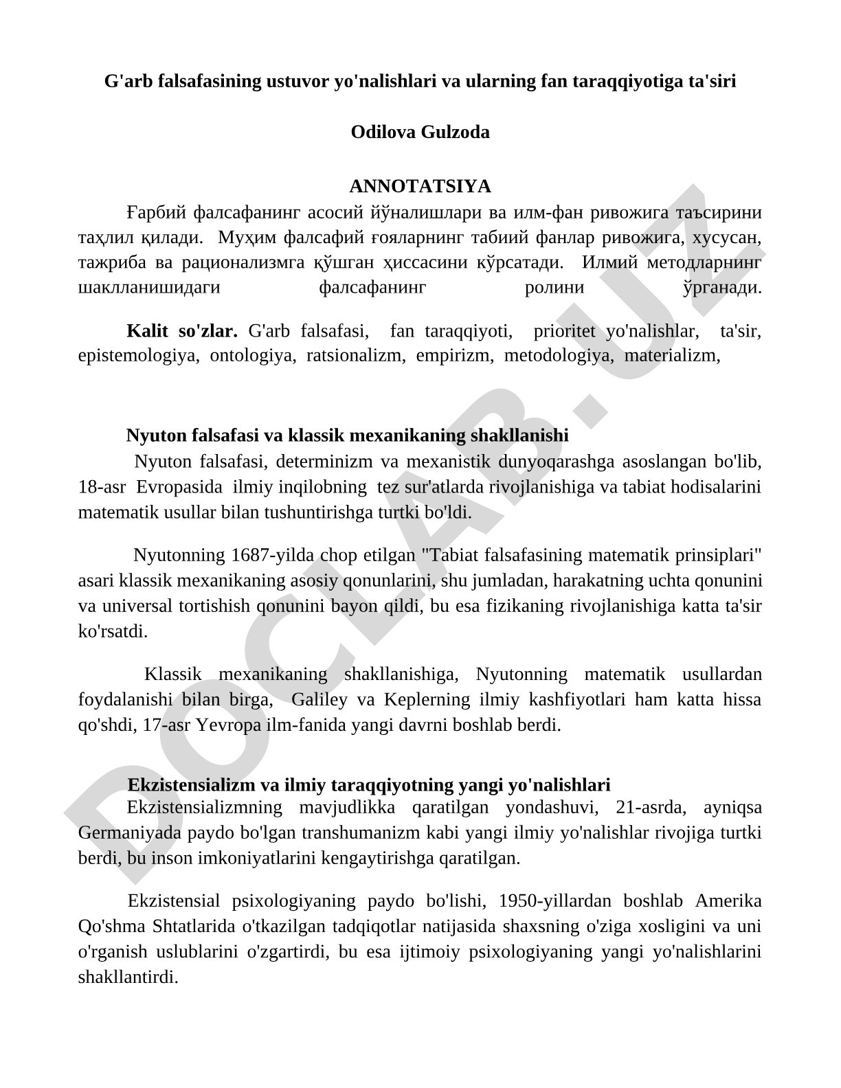 G'arb falsafasining ustuvor yo'nalishlari va ularning fan taraqqiyotiga ta'siri