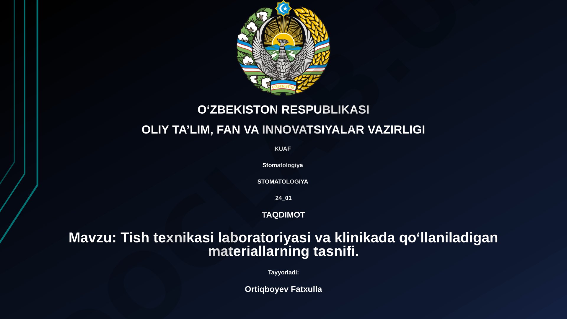 Tish texnikasi laboratoriyasi va klinikada qoʻllaniladigan materiallarning tasnifi