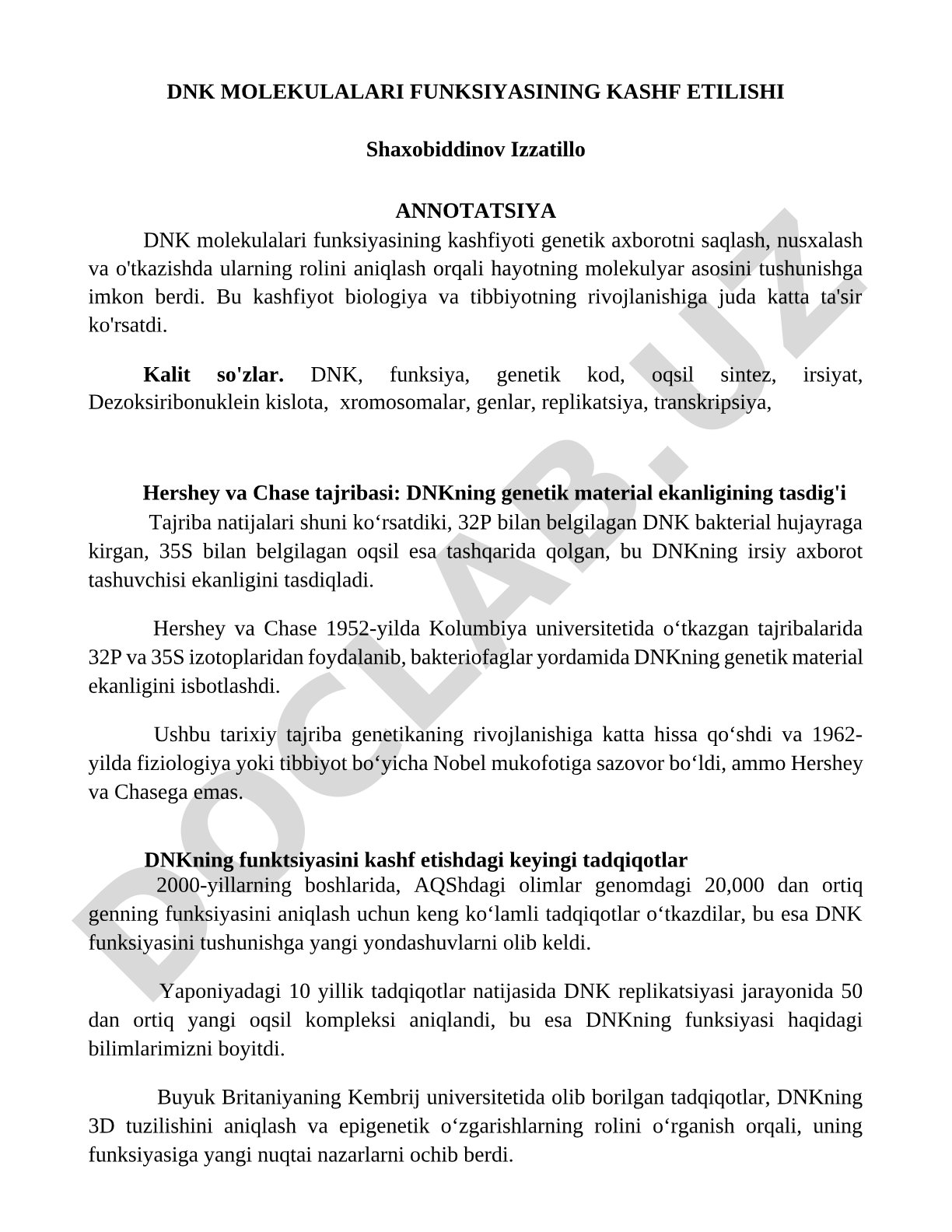DNK molekulalari funksiyasining kashf etilishi