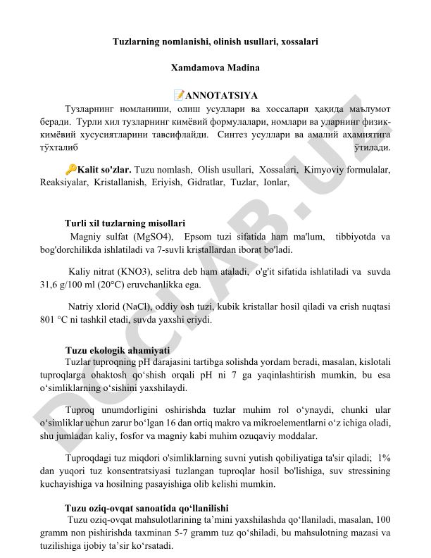 Tuzlarning nomlanishi, olinish usullari, xossalari