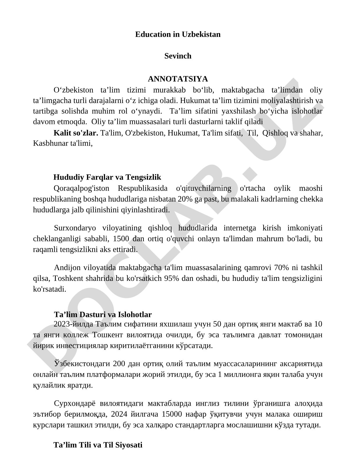 O'zbekistonda ta'lim tizimi va islohotlar