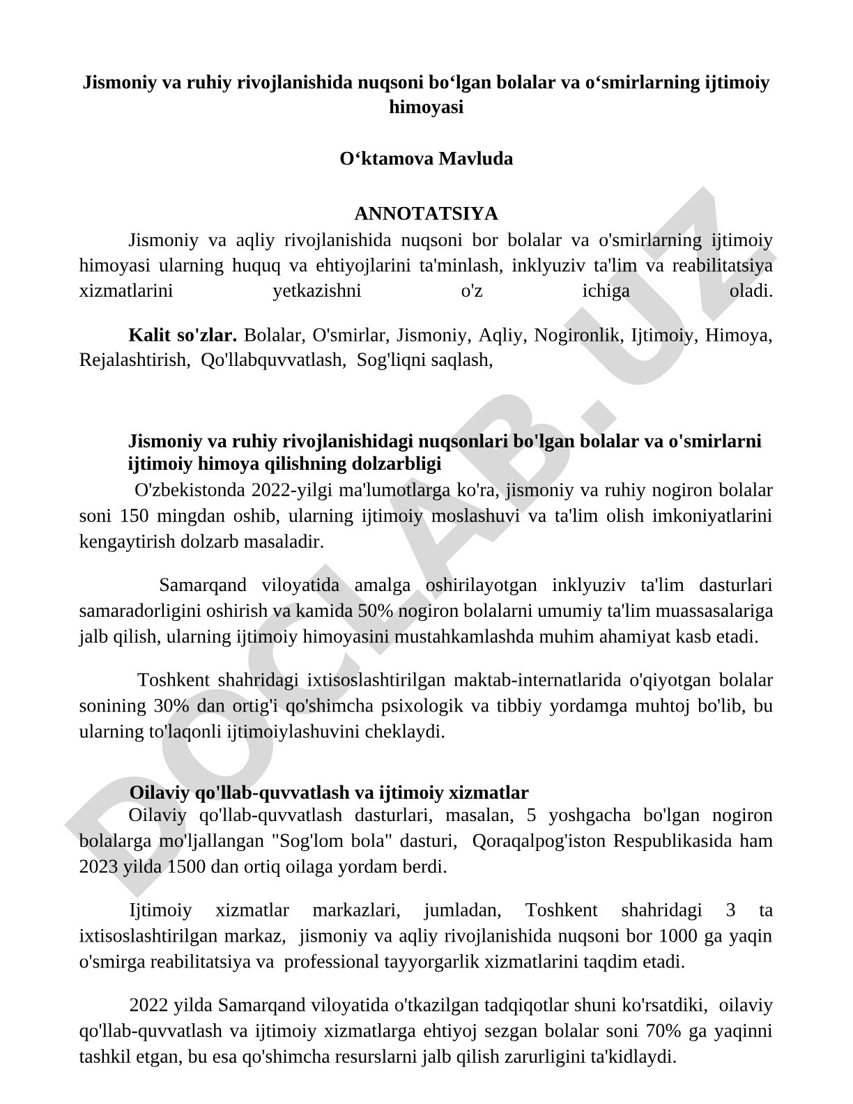 Jismoniy va ruhiy rivojlanishida nuqsoni boʻlgan bolalar va oʻsmirlarning ijtimoiy himoyasi