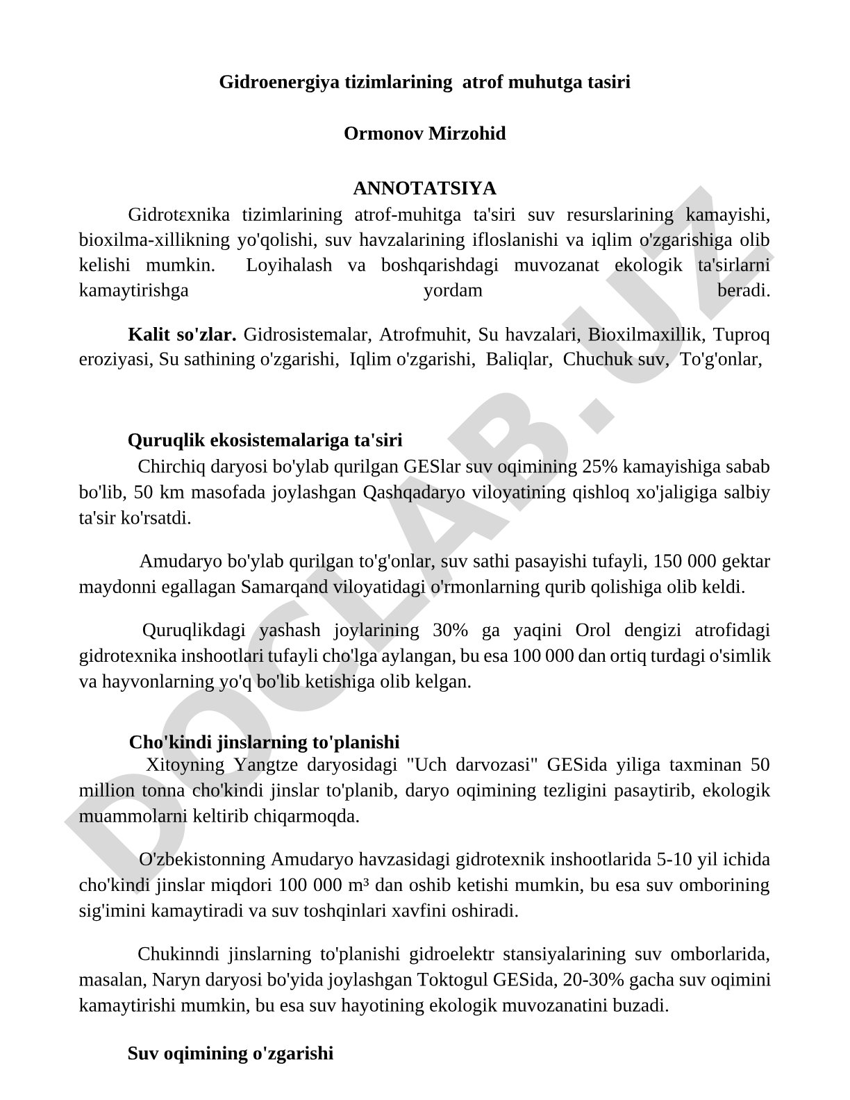 Gidroenergiya tizimlarining atrof muhutga tasiri