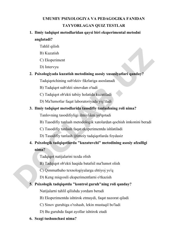 Umumiy psixologiya va pedagogika fanidan quiz testlar