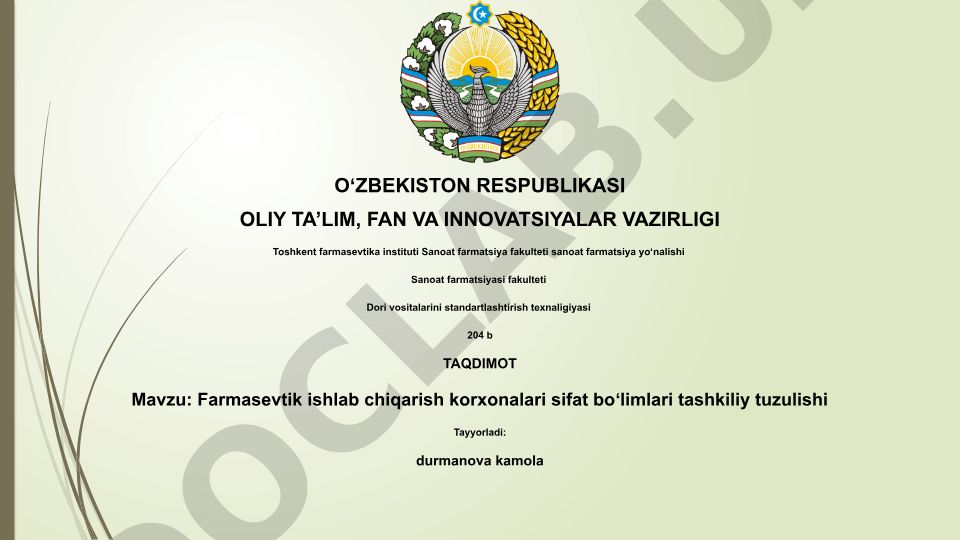Farmasevtik ishlab chiqarish korxonalari sifat boʻlimlari tashkiliy tuzulishi
