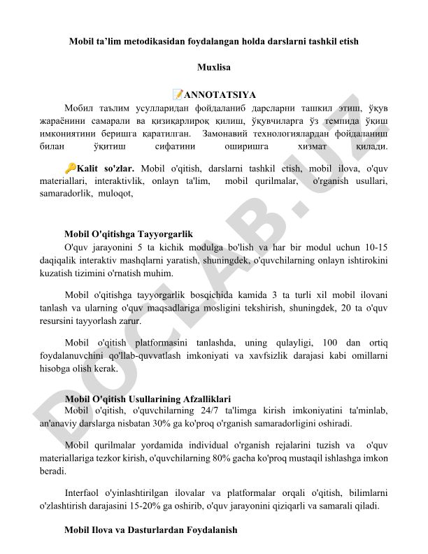 Mobil ta’lim metodikasidan foydalangan holda darslarni tashkil etish