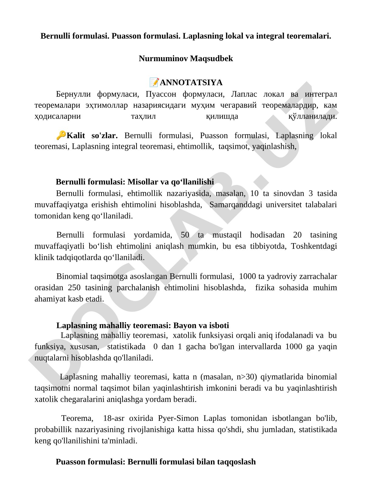 Bernulli formulasi. Puasson formulasi. Laplasning lokal va integral teoremalari