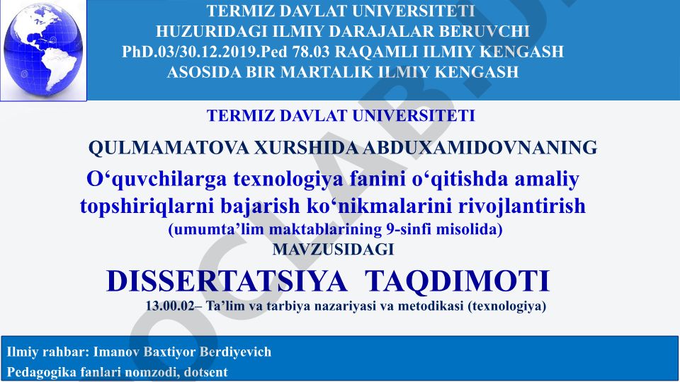 O‘quvchilarga texnologiya fanini o‘qitishda amaliy topshiriqlarni bajarish ko‘nikmalarini rivojlantirish (umumta’lim maktablarining 9-sinfi misolida)