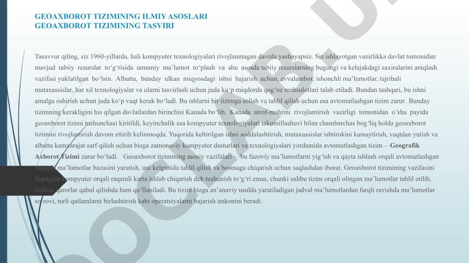 Geoaxborot tizimining ilmiy asoslari va rivojlanish tarixi