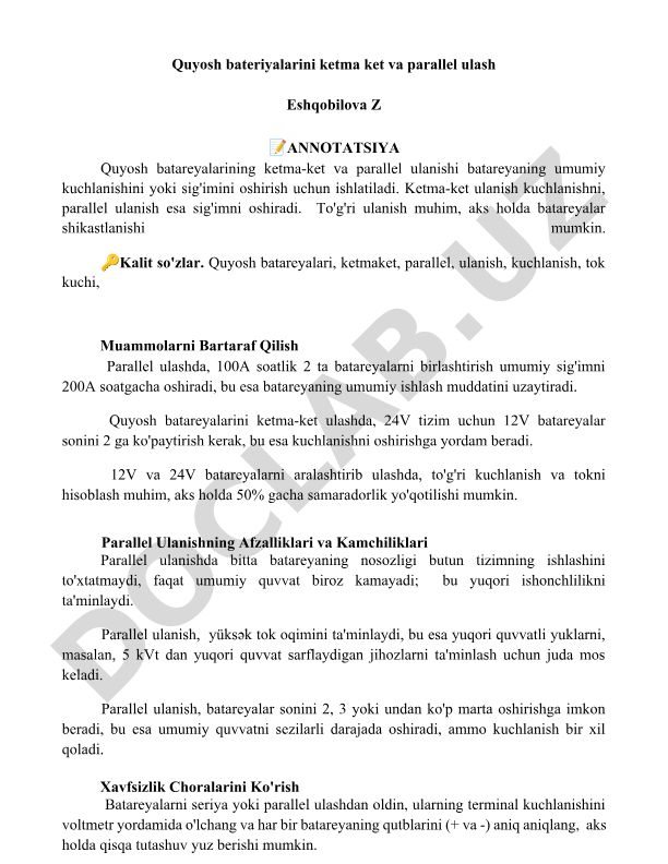 Quyosh batareyalarini ketma-ket va parallel ulash