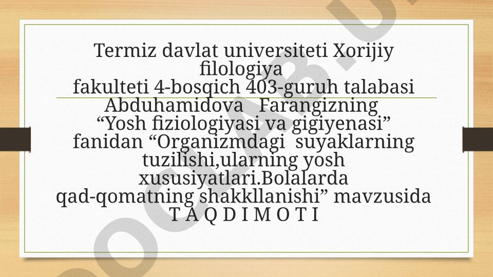 Organizmdagi suyaklarning tuzilishi, ularning yosh xususiyatlari. Bolalarda qad-qomatning shakllanishi