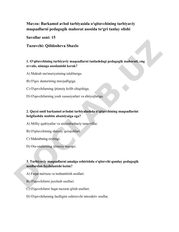Barkamol avlod tarbiyasida oʻqituvchining tarbiyaviy maqsadlarni pedagogik mahorat asosida toʻgri tanlay olishi