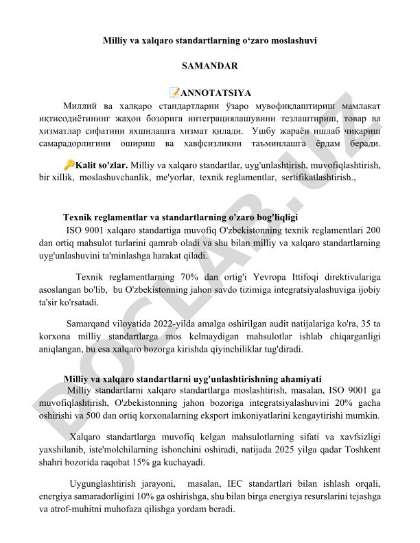 Milliy va xalqaro standartlarning o'zaro moslashuvi