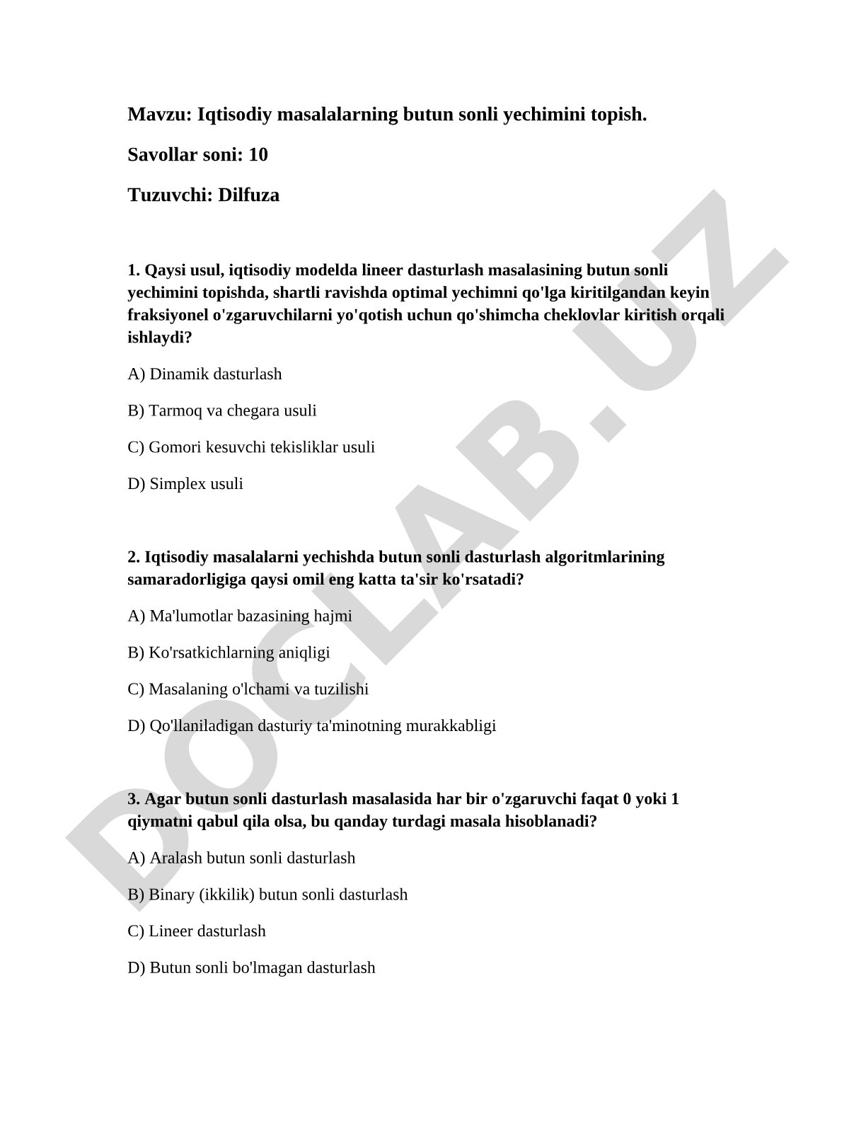 Iqtisodiy masalalarning butun sonli yechimini topish