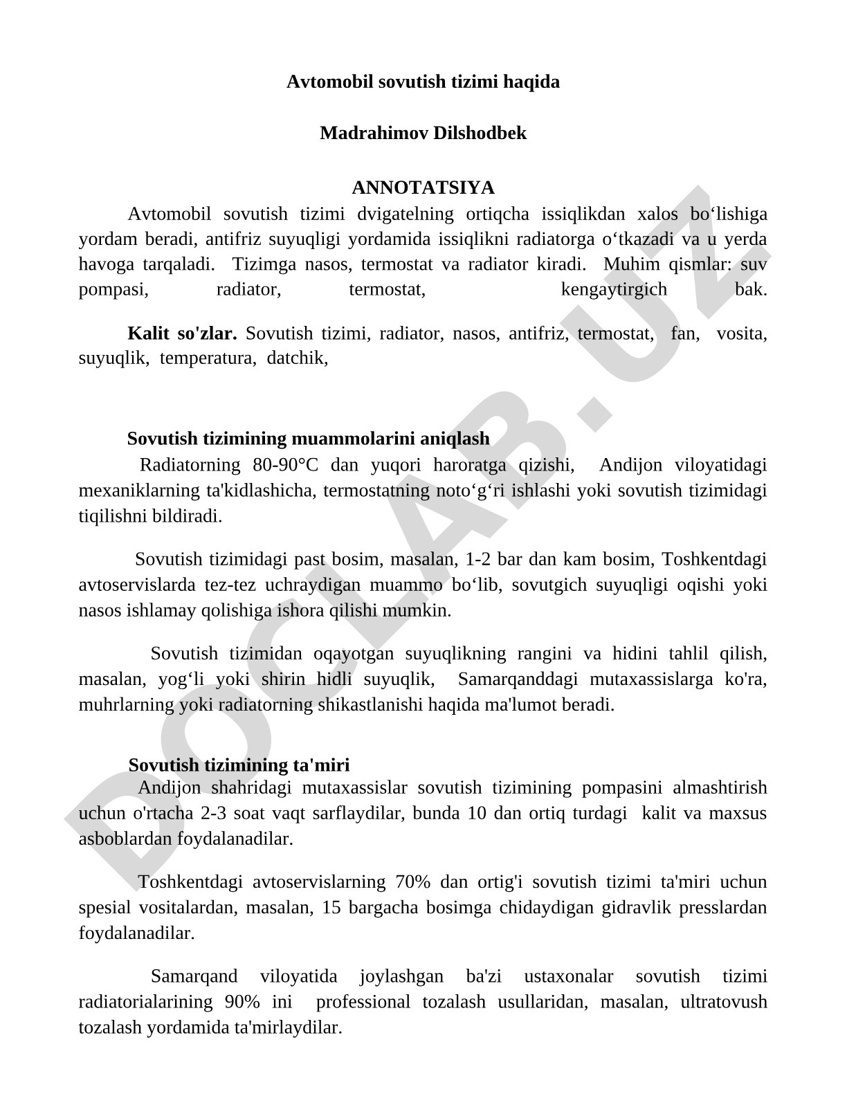 Avtomobil sovutish tizimining tuzilishi, ishlash prinsipi va ta'miri