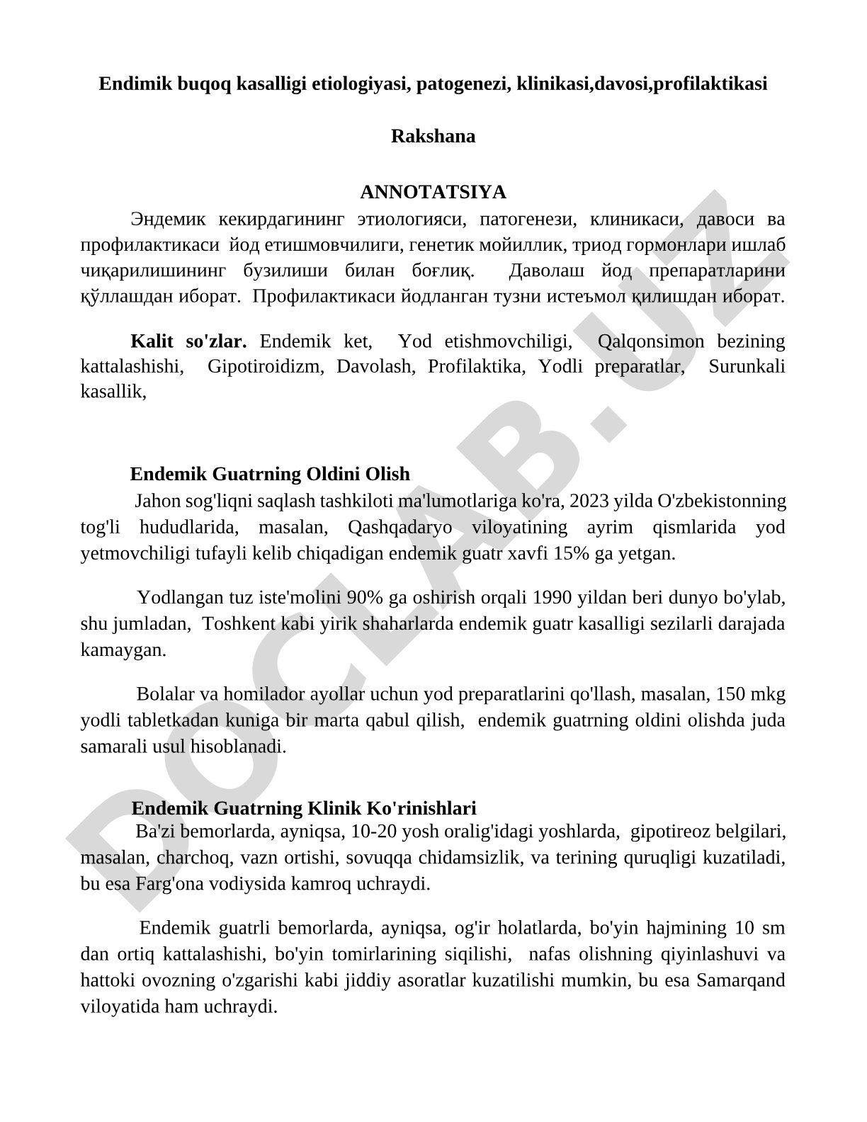 Endemik buqoq kasalligi etiologiyasi, patogenezi, klinikasi, davosi, profilaktikasi