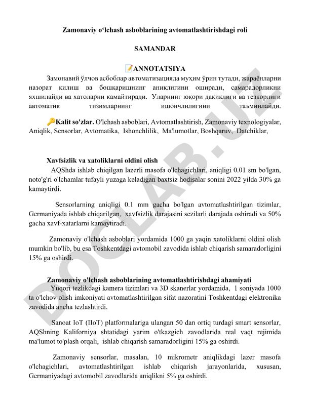 Zamonaviy o'lchash asboblarining avtomatlashtirishdagi roli