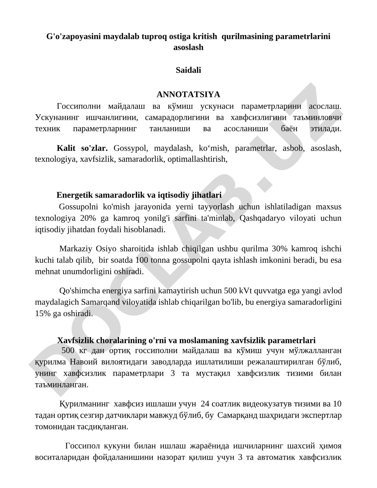 G'o'zapoyasini maydalab tuproq ostiga kritish qurilmasining parametrlarini asoslash