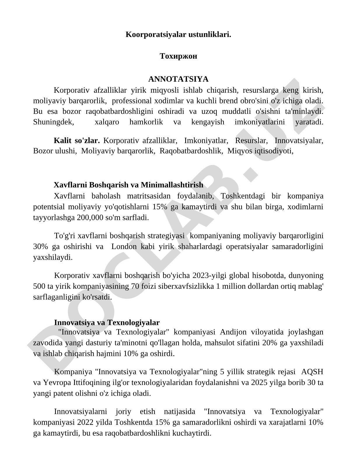 Koorporatsiyalar ustunliklari