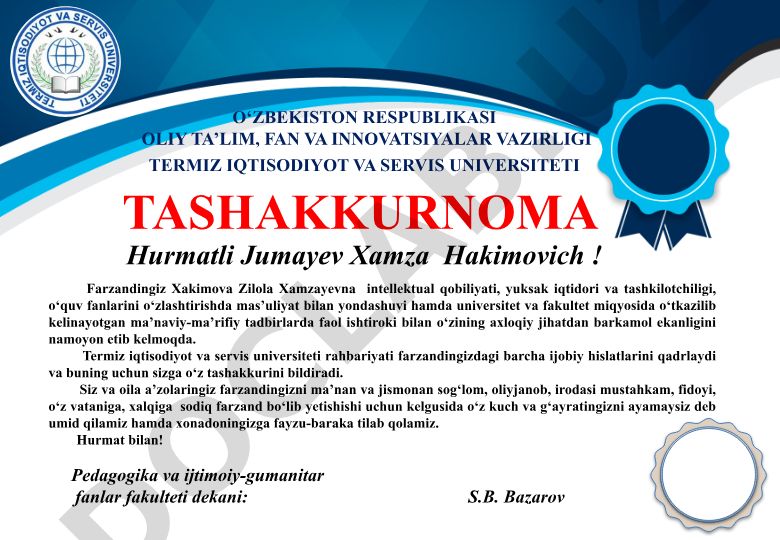 Termiz iqtisodiyot va servis universiteti tashakkurnomasi
