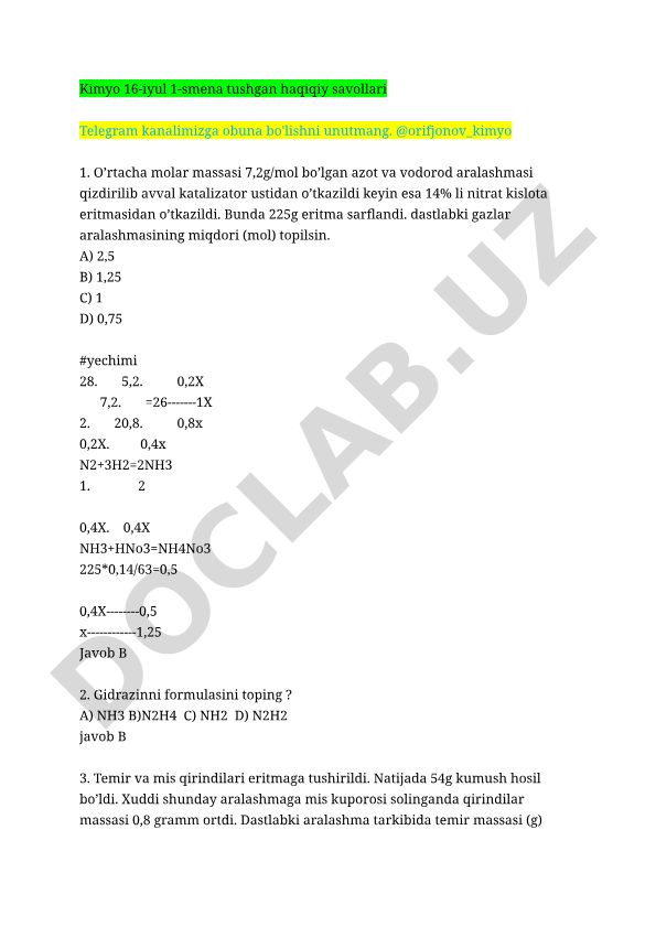 Kimyo fanidan test savollari va yechimlari