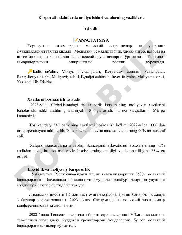 Korporativ tizimlarda moliya ishlari va ularning vazifalari