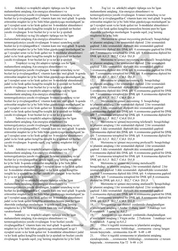 Arktik, tropik va tog' adaptiv tiplarining xususiyatlari